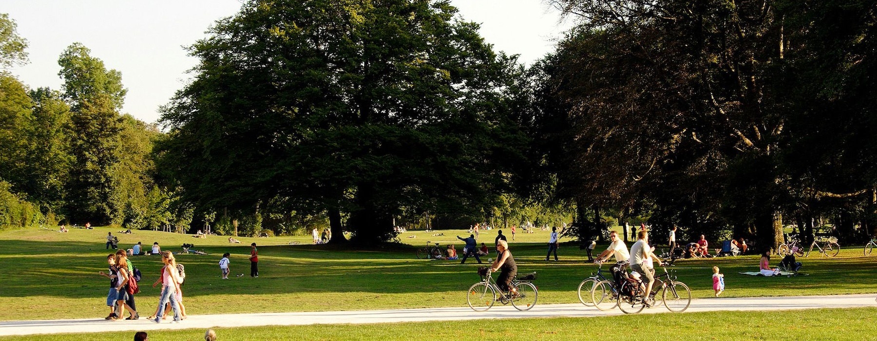 A park with many people riding bikes, having a picnic, and walking.