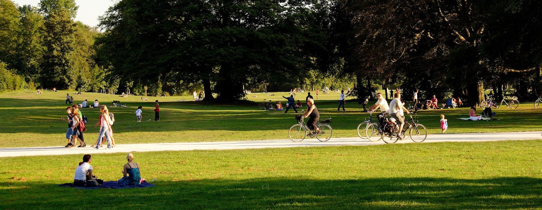 A park with many people riding bikes, having a picnic, and walking.